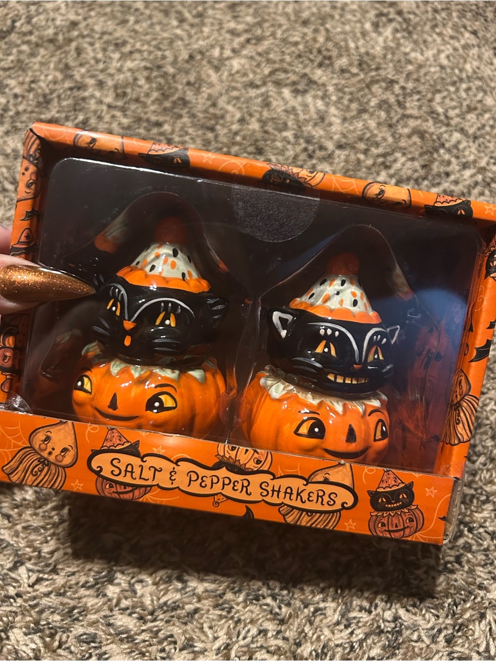 Halloween Pumpkin & Black Cat Salt and Pepper Shakers - Orange